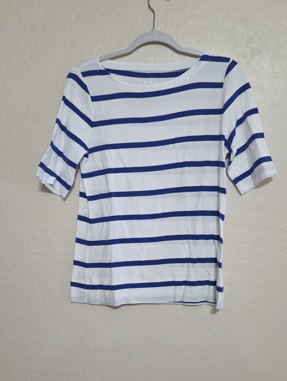 Chico's White and Blue Striped Short Sleeve Boatneck Tee